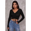 Kadın Siyah Uzun Kollu Büzdürme Bağcık Detaylı Crop Top Bluz