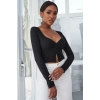 Kadın Siyah Uzun Kollu Düğmeli Göğüs Ve Göbek Dekolteli Crop Top Bluz