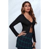 Kadın Siyah Uzun Kollu Önden Bağlama Detaylı Crop Top Bluz