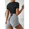 Kadın Siyah Yarım Kol Çapraz Bağlamalı Crop Top Bluz