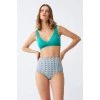 Kadın Yeşil Pedli Geometrik Desenli Yüksek Bel Bikini Takımı