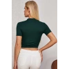 Kadın Yeşil Yarım Fermuarlı Ve Kısa Kollu Crop Top Bluz