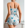 Kadınbeyaz Mavi Kalp Desenli Askılı Şortlu Pijama Takım 6657