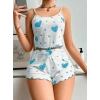 Kadınbeyaz Mavi Kalp Desenli Askılı Şortlu Pijama Takım 6657