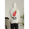 Kapşonlu Baskılı Sweetshirt - Beyaz