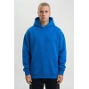 Kapüşonlu Oversize Hoodie – Üç İplik Pamuklu, Astronot Temalı Renkli Dünya Baskılı, Kanguru Cepli Premium Sweatshirt - Saks Mavi