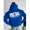 Kapüşonlu Oversize Hoodie – Üç İplik Pamuklu, Astronot Temalı Renkli Dünya Baskılı, Kanguru Cepli Premium Sweatshirt - Saks Mavi