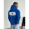 Kapüşonlu Oversize Hoodie – Üç İplik Pamuklu, Astronot Temalı Renkli Dünya Baskılı, Kanguru Cepli Premium Sweatshirt - Saks Mavi