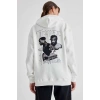 Kapüşonlu Sırt Baskılı Üç İplik Oversize Sweatshirt - Beyaz