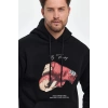 Kapüşonlu Üç İplik Oversize Baskılı Sweatshirt - Siyah -