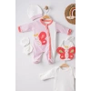 Kelebek Nakışlı Puanlı Tulumlu % 100 Pamuk Kız Bebek 5li Set