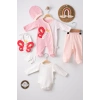 Kelebek Nakışlı Puanlı Tulumlu % 100 Pamuk Kız Bebek 5li Set