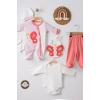 Kelebek Nakışlı Puanlı Tulumlu % 100 Pamuk Kız Bebek 5li Set