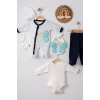 Kelebek Nakışlı Tulumlu % 100 Pamuk Erkek Bebek 5li Set