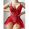 Kırmızı dantel detaylı önü dekolteli fantezi babydoll