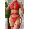 Kırmızı Dantelli Kalp Detaylı Zincirli Seksi İç Giyim Seti