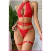 Kırmızı Dantelli Kalp Detaylı Zincirli Seksi İç Giyim Seti