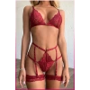 Kırmızı Göğüs Dantelli Seksi Jartiyer Takım