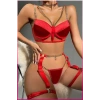 Kırmızı Merdüven Zincirli Göğüs Balenli Kadın Seksi Jartiyer Takım