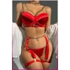 Kırmızı Merdüven Zincirli Göğüs Balenli Kadın Seksi Jartiyer Takım