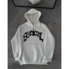 Kışlık Kapüşonlu Baskılı Oversize SweatShirt- Beyaz -