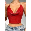 Kristal Kırmızı Taşlı Parlak Crop & Bluz Kolsuz Kayık Yaka Parti Plaj Büstiyer