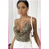 Kristal Leopard Taşlı Parlak Crop & Bluz Kolsuz Kayık Yaka Parti Plaj Büstiyer