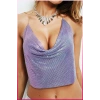 Kristal Lila Taşlı Parlak Crop & Bluz Kolsuz Kayık Yaka Parti Plaj Büstiyer