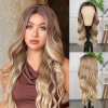 Kumral Dore Sarı Ombre  ve Röfleli Fiber Sentetik Geniş Dalgalı Tül Peruk