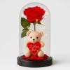 LED Işıklı Mika Fanus İçinde Gül ve Lüx Peluş Ayıcık – 20 cm Sevgiliye Hediye