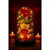 LED Işıklı Mika Fanus İçinde Gül ve Lüx Peluş Ayıcık – 20 cm Sevgiliye Hediye