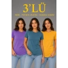 MARSiLYAN- 3’lü Kısa Kollu Bisiklet Yaka Basic Slim Fit T-Shirt - Mor - Petrol Mavisi - Hardal