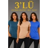 MARSiLYAN- 3’lü Kısa Kollu Bisiklet Yaka Basic Slim Fit T-Shirt -Petrol Mavisi  - Bej - Mavi