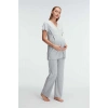 MARSiLYAN- Anıl 11308 Kısa Kol V Yaka Kadın Polyester Elastan  Yazlık Örme Dantel Detaylı Hamile Pijama Takımı