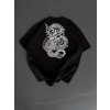 MARSiLYAN- Baskılı Oversize Bisiklet Yaka T-shirt - Siyah