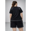 MARSiLYAN- Battal Beden Kısa Kollu Tişört Şort Takım Kontrast Dikiş Detaylı Günlük Ev Giyimi - Siyah