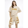 MARSiLYAN- Bej Oversize Baskılı Tişört Şort Takım Cepli Şort Yazlık Rahat Günlük Kombin - Bej