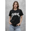 MARSiLYAN- Bisiklet Yaka Ön Baskılı  Kısa Kollu Tişört Streetwear Günlük Basic Pamuklu T-shirt - Siyah