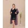 MARSiLYAN-  Büyük Beden Çizgi Desenli Dantel İşlemeli 2li Viskon Siyah Gecelik Sabahlık Takımı