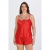 MARSiLYAN-  Büyük Beden Kırmızı Dantel İşlemeli Saten Şortlu Gecelik Takımı