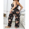 MARSiLYAN-  Büyük Beden Siyah Üstüne Çiçek Desenli İnce Askılı 2li Pijama Takımı