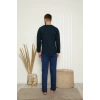 MARSiLYAN- Erkek %100 Pamuk Önden Düğmeli Cepli Uzun Kollu Pijama Takımı Lacivert