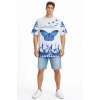 MARSiLYAN- Erkek Asit Yıkamalı Oversize Tişört Mavi Kelebek Baskılı Dijital Print Bisiklet Yaka Streetwear T-Shirt - Beyaz