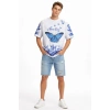 MARSiLYAN- Erkek Asit Yıkamalı Oversize Tişört Mavi Kelebek Baskılı Dijital Print Bisiklet Yaka Streetwear T-Shirt - Beyaz