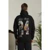 MARSiLYAN- Erkek Baskılı Oversize Üç İplik Kapüşonlu Sweatshirt - Siyah