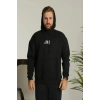 MARSiLYAN- Erkek Baskılı Oversize Üç İplik Kapüşonlu Sweatshirt - Siyah