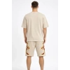MARSiLYAN- Erkek Bej Oversize Baskılı Tişört Şort Takım Cepli Şort Yazlık Rahat Günlük Kombin - Bej
