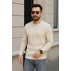 MARSiLYAN- Erkek Bisiklet Yuvarlak Yaka Triko Kazak Pamuklu Kalın Fitilli Dokuma, Regular Fit Uzun Kollu Kışlık Model - Bej