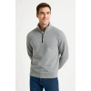 MARSiLYAN- Erkek Dik Yaka Sweatshirt Dik Yaka Yarım Fermuarlı 3 İplik Şardonlu Pamuk Kumaş - Gri