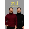 MARSiLYAN- Erkek Fitilli Triko Kazak 2li Set Bordo Siyah Regular Balıkcı Yaka Tam Boğazlı Triko Seti Modeli Kazak
